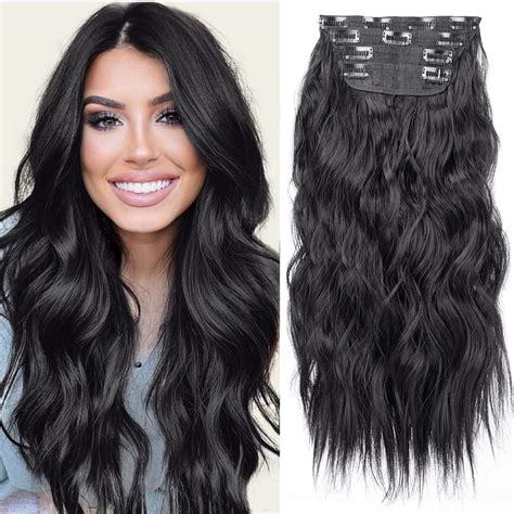 Black Hair Extension 20 Inch For Women 4pcs Thick Hairpieces Long Wavy