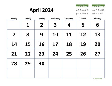 April 2024 Calendar With Extra Large Dates