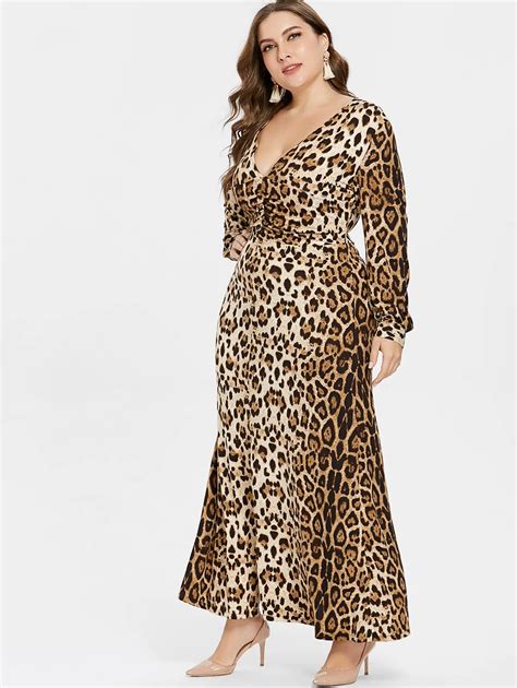 Sovalro Plus Size Women Dress Leopard Print V Neck Long Sleeve Front Split Maxi Dress Autumn
