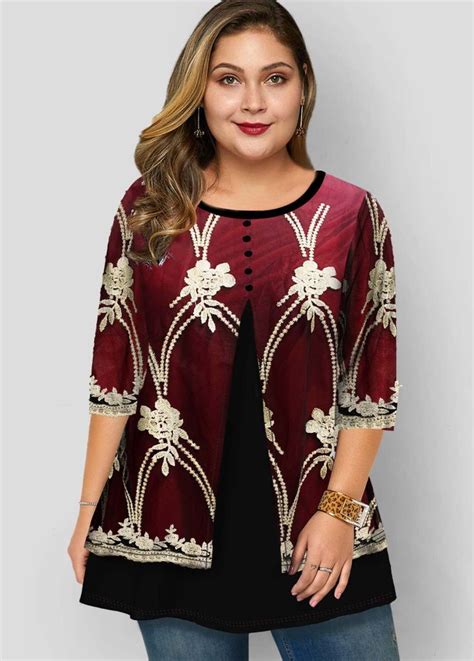 Rotita Plus Size Lace Panel Embroidered T Shirt Clothes Plus Size