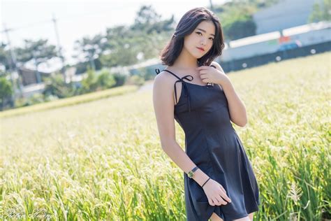 wallpaper field asian standing model women outdoors wristwatch dark hair plants