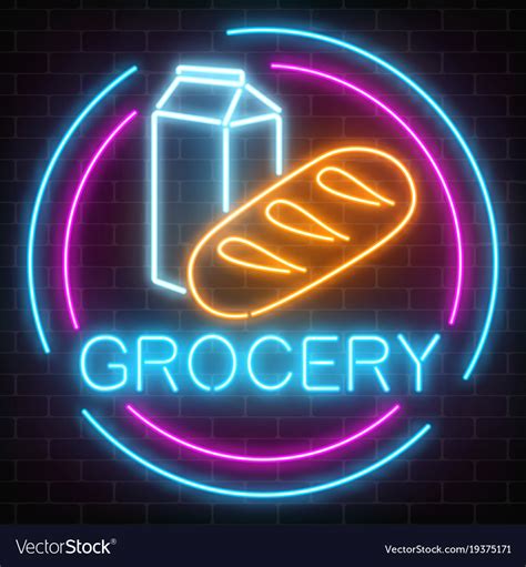 Neon Grocery Store Glowing Sign On A Brick Wall Vector Image