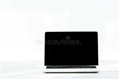 Modern Laptop With Blank Screen On Wooden Table Stock Image Image Of