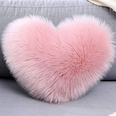 Fuzzy Heart Pillow With Fur Pink Color For Girls Bedroom Interior