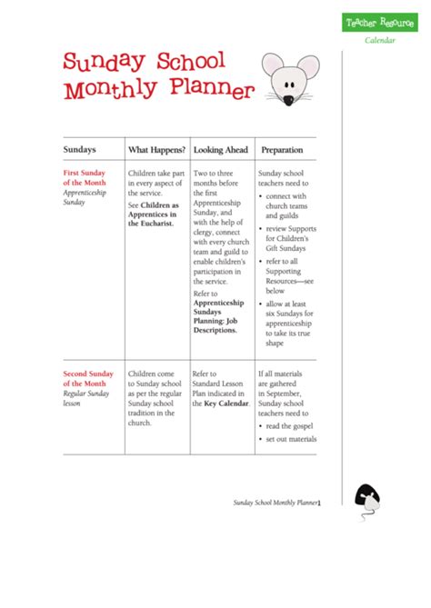 Sunday School Monthly Planner Template Printable Pdf Download