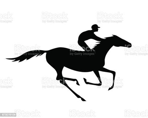 Black Jockey And Horse Silhouette With Gallop Motion On White Stock