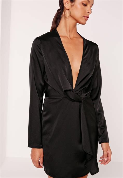 Missguided Silky Plunge Wrap Shift Dress Black Shift Dress Black