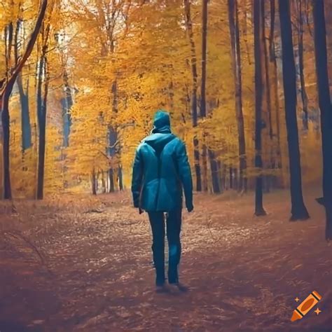 Man Walking In Autumn Forest