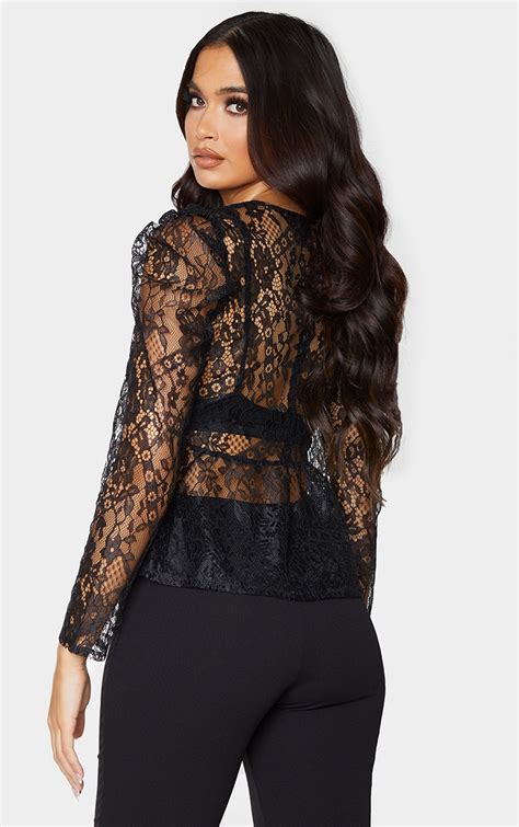 Black Sheer Lace Puff Sleeve Blouse Tops Prettylittlething Ie