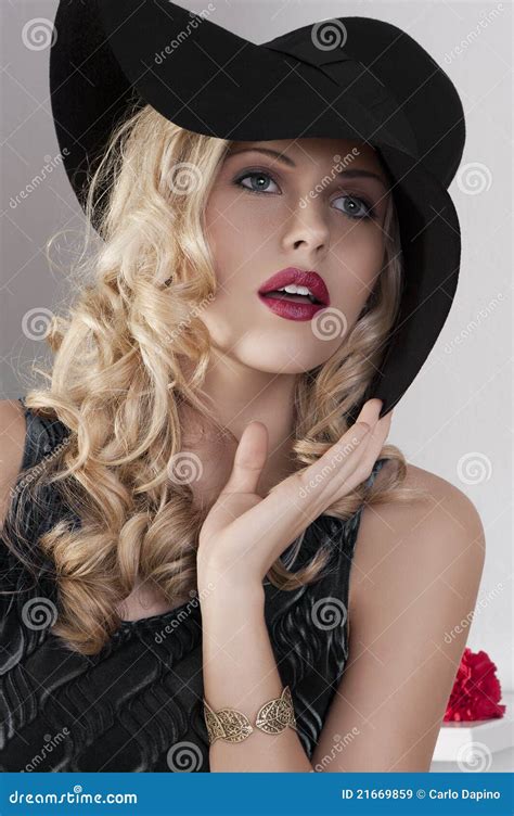 Portrait Of A Fashion Girl With Black Hat Stock Image Image Of Lady