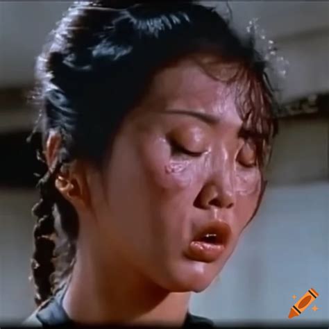 asian woman martial arts fighter with bruised face in 80s hong kong action scene on craiyon
