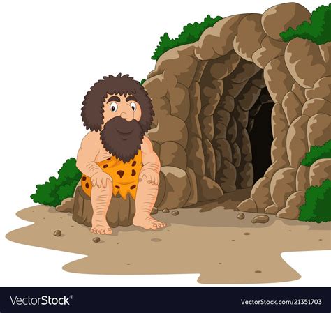Cartoon Caveman Sitting With Cave Background Vector Image Homem Das