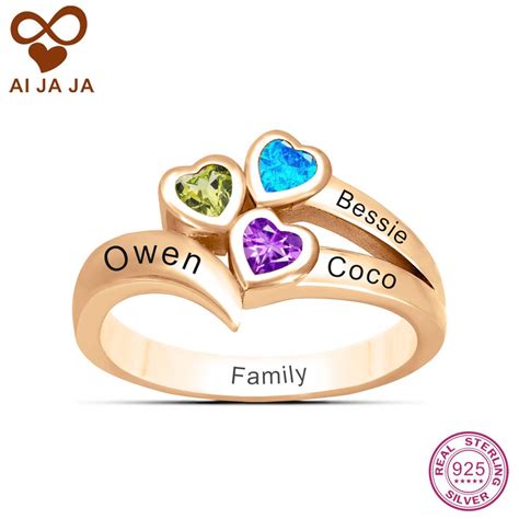 Personalized Birthstone Mothers Rings Custom Name Engraved