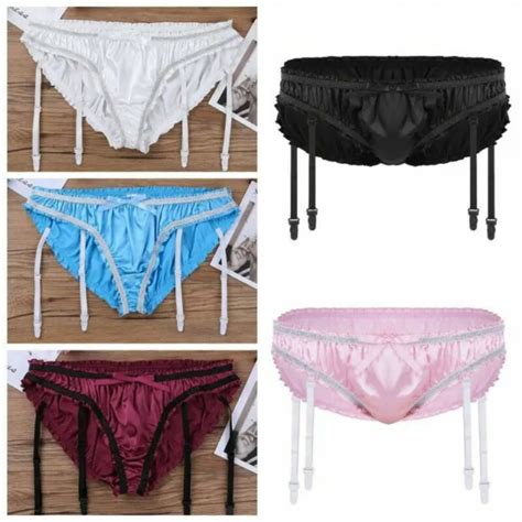 Mens Lingerie Set Ruffled Sissy Panties Satin G String Garter Belt Underwear Picclick