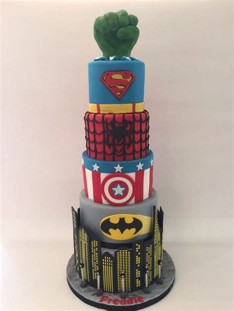 Superheroes Cake City Skyline Batman Captain America Spiderman Superman Hulk Superman