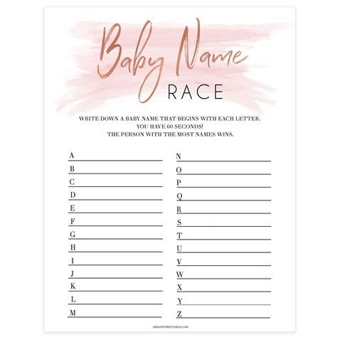 This practice has spread to many other formal occasions such as baby showers, engagement parties, retirement parties, anniversaries, and holiday gatherings. Baby Name Race Game - Printable Pink Baby Shower Games - OhHappyPrintables