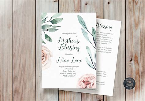 Mothers Blessing Invitation Roses And Green Sprigs Watercolor Art