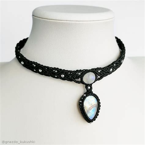 Rainbow Moonstone Choker Necklace Macrame Choker With Etsy Black