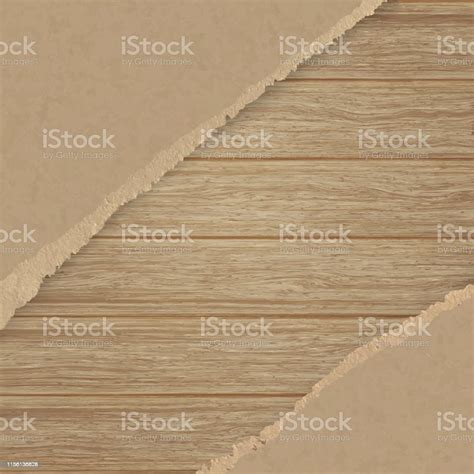 Torn Brown Texturing Paper Over A Wooden Plank Wall Stock Illustration