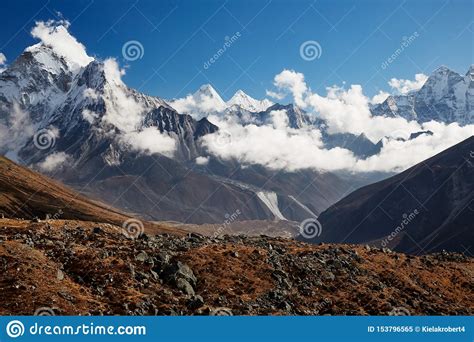 Himalayas Mountain Landscape A Steep Snowy Peak And A Vast Valley On A