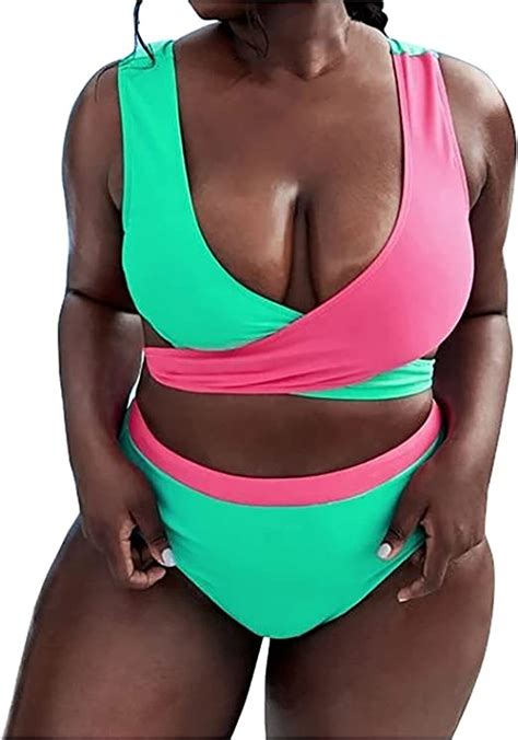 Fette Frauen Plus Größe Split Cross Color Matching Bikini Set Split Badeanzug Mit Pad
