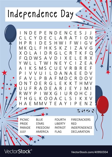 Independence Day 4th July Word Search Puzzle Vector Image