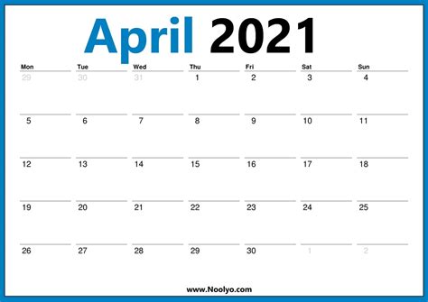 April 2021 Calendar Starts With Monday