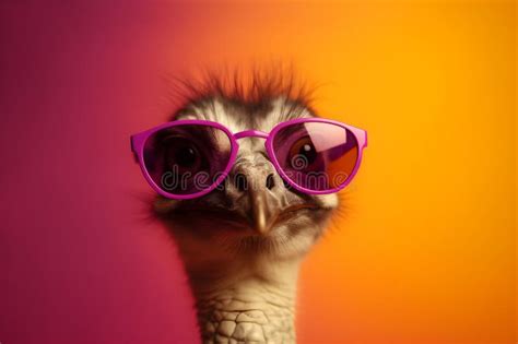 Funny Ostrich Wearing Sunglasses In Studio With A Colorful And Bright