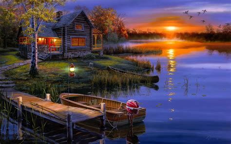 Wallpaper Night House Cabin Boat Birds Sunset Painting Lake