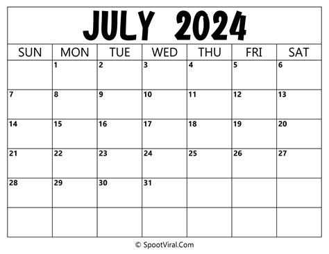 Free July 2024 Calendar Printable