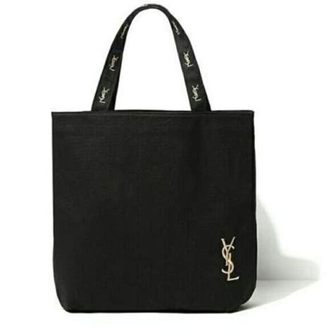 Yves Saint Laurent Black Canvas Shopping Tote Bag Gold Ysl Logo Makeup