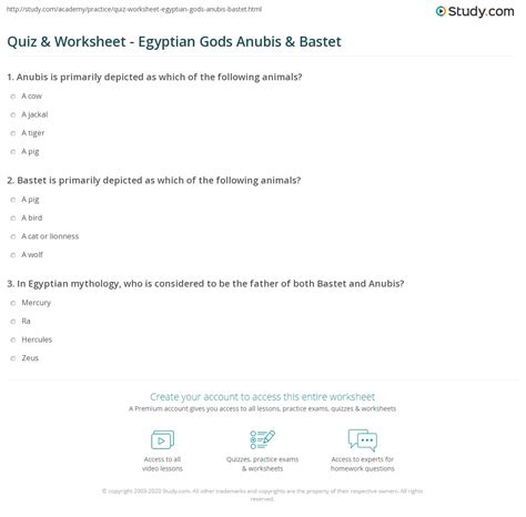 Quiz And Worksheet Egyptian Gods Anubis And Bastet