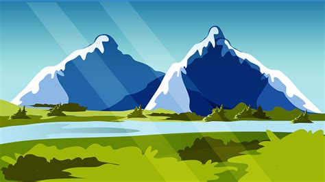 Digital Landscape Vector Illustration Mountains Rivers Sky Stock
