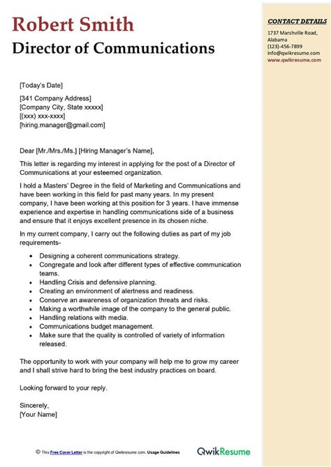 Director Of Communications Cover Letter Examples Qwikresume