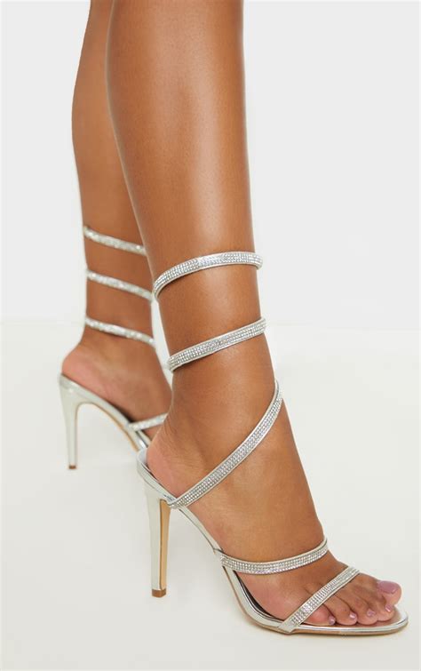 silver diamante ankle wrap heeled sandal prettylittlething ksa