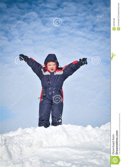 Happy Little Kid Is Playing In Snow Stock Photo Image Of