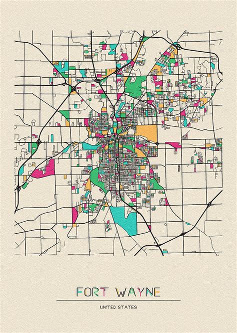 Fort Wayne Indiana City Map Drawing By Inspirowl Design Pixels
