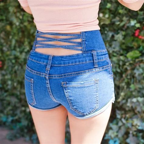 Summer 2016 Korean Fashion Back Criss Cross Hollow Out Sexy Womens Denim Shorts High Waisted