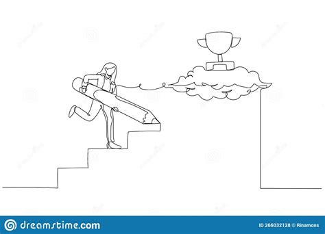 Cartoon Of Businesswoman Use Pencil To Create His Own Stair To Success
