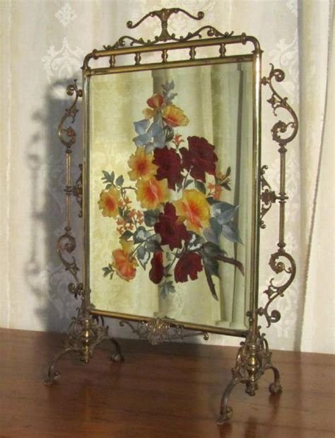 Victorian Brass And Beveled Mirror Fire Screen Hand Painted With A