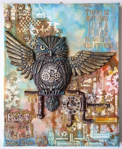 Steampunk Owl Stamperia Collection Mixmedia Painting On Canvas