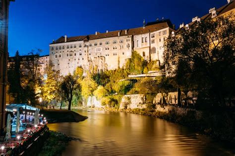 Night Scenic View To Castle In Cesky Krumlov Czech Republic Stock Image Image Of Cesky