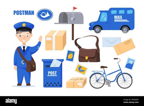 Postman And Postal Objects For Kids Vector Illustrations Set Stock