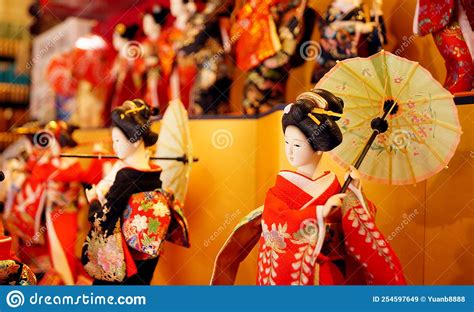 japanese geisha doll with umbrella japanese kimono traditional japanese culture stock image