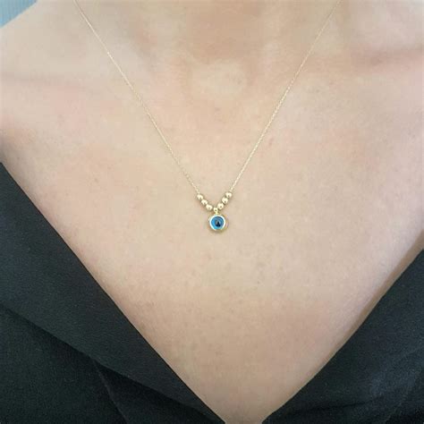 14K Real Solid Gold Beaded Evil Eye And Italian Balls Necklace For Women