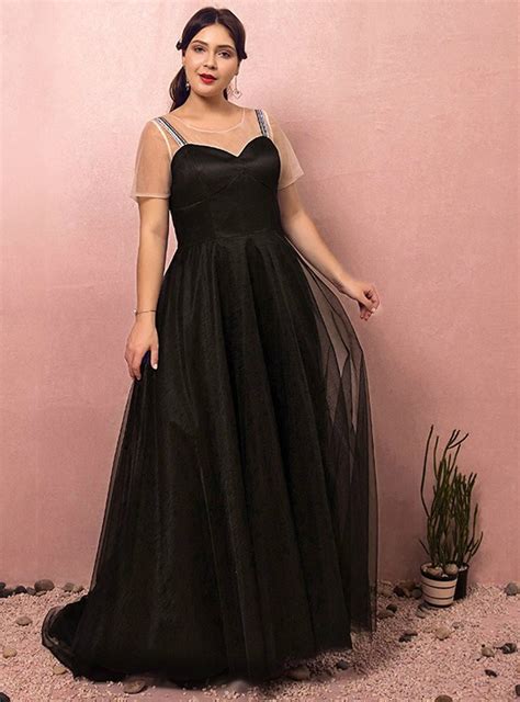 Plus Size Black Tulle Straps V Neck Prom Dress