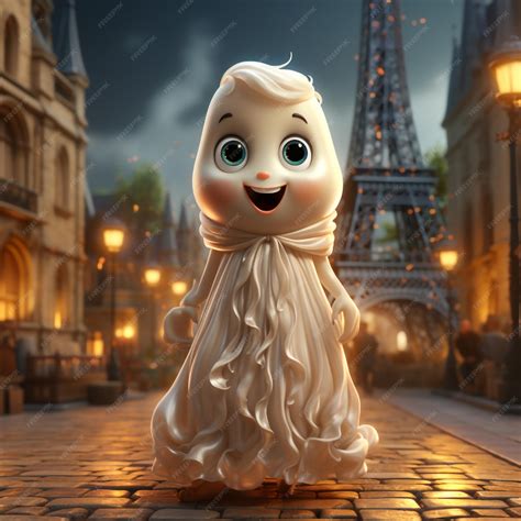 Premium Ai Image A Cute Ghost 3d Cartoon Character Standing In Front Of The Eiffel Tower