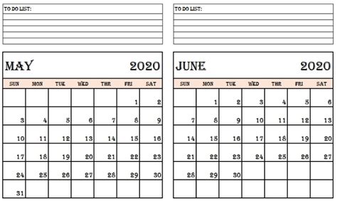 Two Month May June 2020 Calendar Printable Templates
