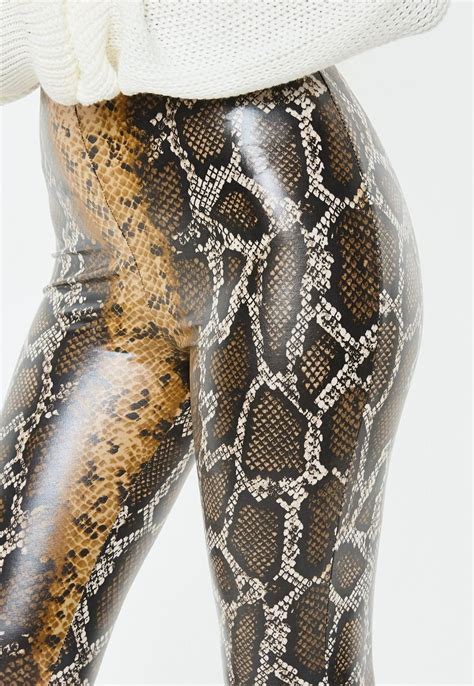 Brown Snake Print Wet Look Leggings Missguided Women Pants Casual Patterned Leggings