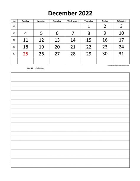 Printable 2022 December Calendar Grid Lines For Daily Notes Vertical
